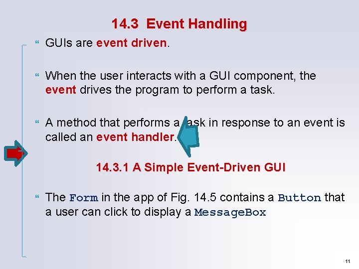 14. 3 Event Handling GUIs are event driven. When the user interacts with a