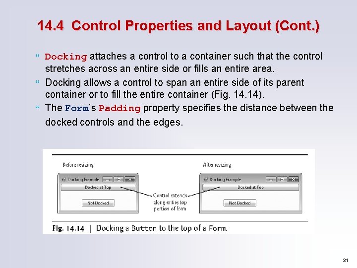 14. 4 Control Properties and Layout (Cont. ) Docking attaches a control to a