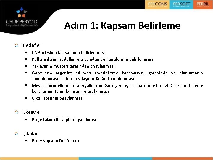 Adım 1: Kapsam Belirleme Hedefler EA Projesinin kapsamının belirlenmesi Kullanıcıların modelleme aracından beklentilerinin belirlenmesi