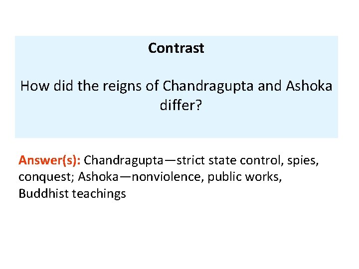 Contrast How did the reigns of Chandragupta and Ashoka differ? Answer(s): Chandragupta—strict state control,