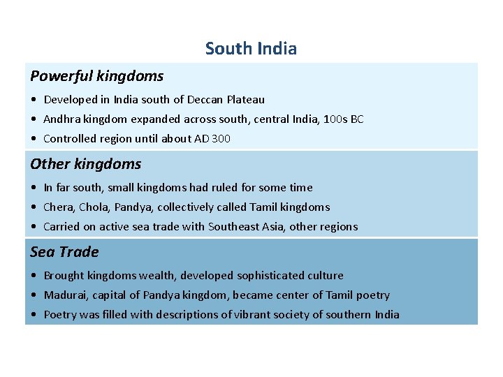 South India Powerful kingdoms • Developed in India south of Deccan Plateau • Andhra