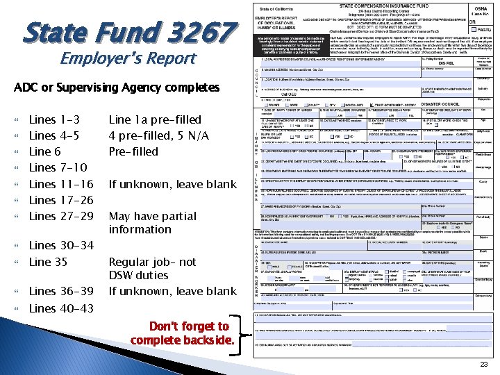 State Fund 3267 Employer’s Report ADC or Supervising Agency completes Lines 1 -3 Lines