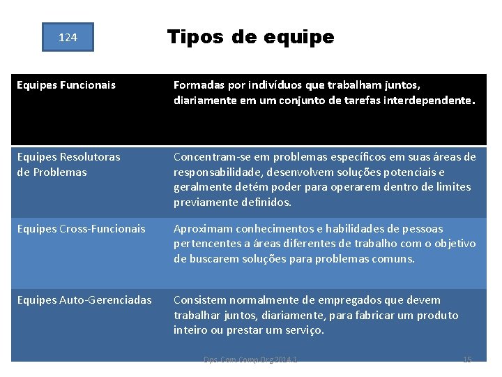 124 Tipos de equipe Equipes Funcionais Formadas por indivíduos que trabalham juntos, diariamente em