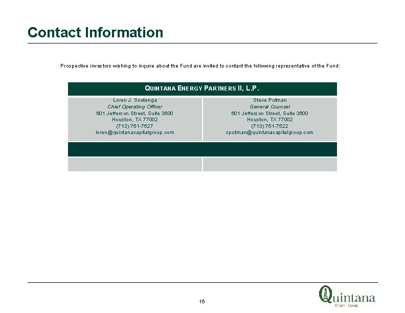 Contact Information Prospective investors wishing to inquire about the Fund are invited to contact