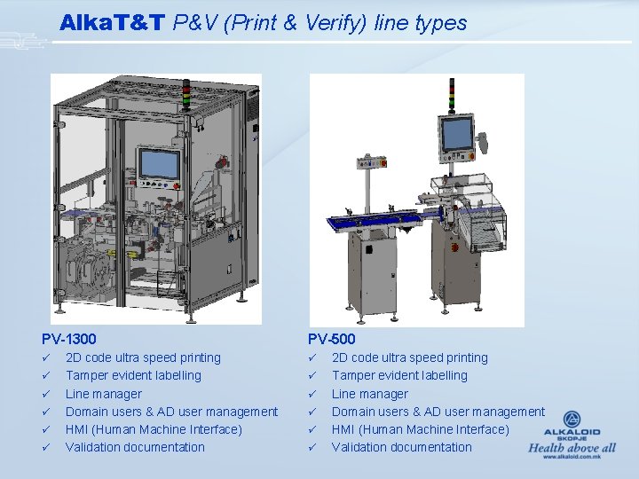 Alka. T&T P&V (Print & Verify) line types PV-1300 ü ü ü 2 D