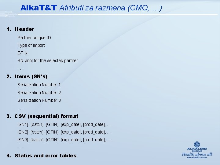 Alka. T&T Atributi za razmena (CMO, …) 1. Header Partner unique ID Type of