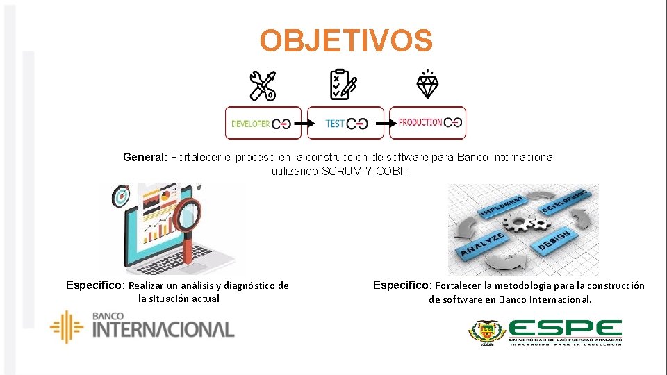 OBJETIVOS General: Fortalecer el proceso en la construcción de software para Banco Internacional utilizando