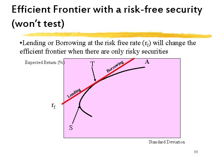 Efficient Frontier with a risk-free security (won’t test) • Lending or Borrowing at the Efficient Frontier with a risk-free security (won’t test) • Lending or Borrowing at the