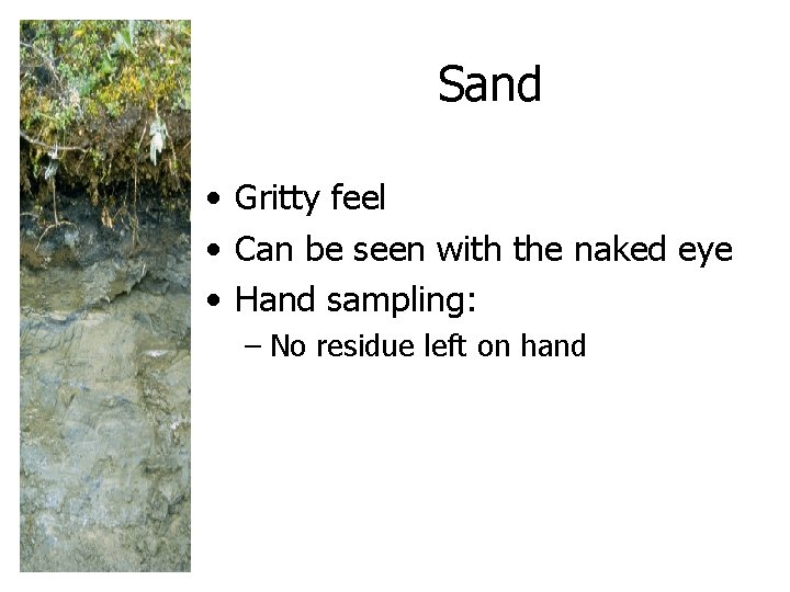 Sand • Gritty feel • Can be seen with the naked eye • Hand