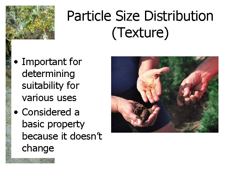 Particle Size Distribution (Texture) • Important for determining suitability for various uses • Considered