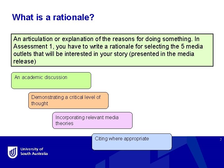 What is a rationale? An articulation or explanation of the reasons for doing something.