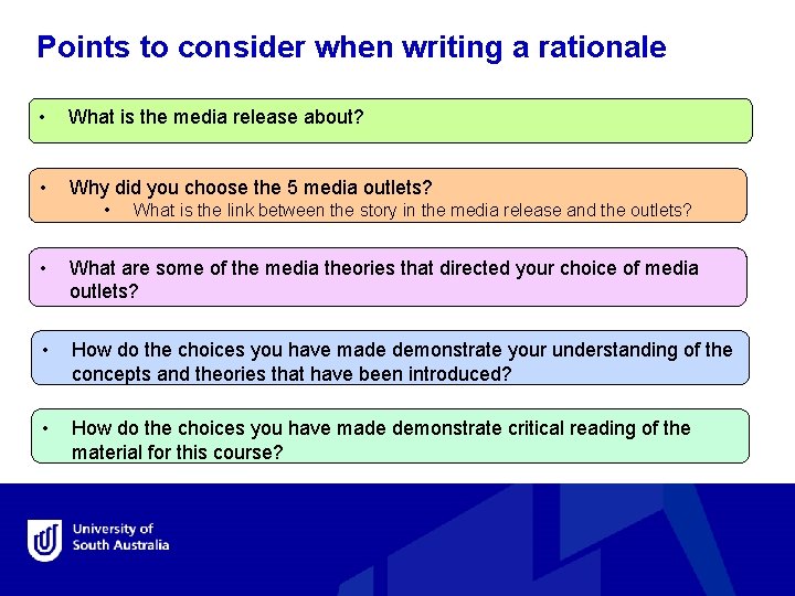 Points to consider when writing a rationale • What is the media release about?