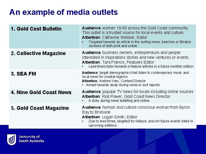 An example of media outlets 1. Gold Cost Bulletin Audience: women 18 -50 across