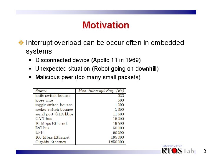 Motivation v Interrupt overload can be occur often in embedded systems § Disconnected device