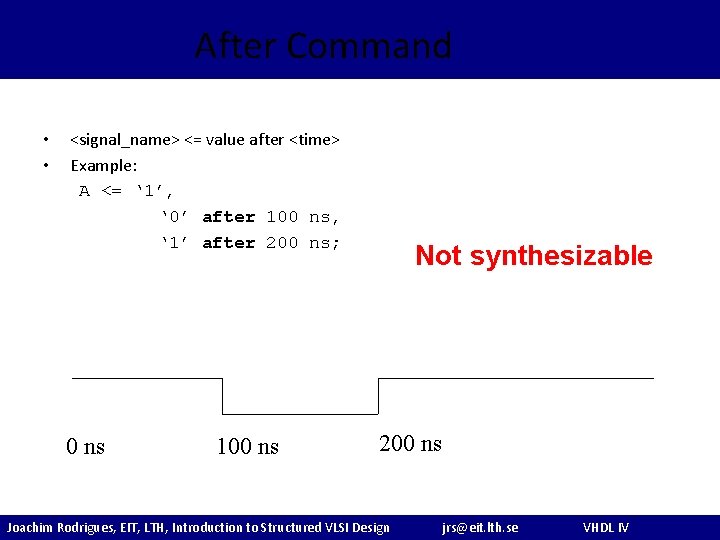 After Command • • <signal_name> <= value after <time> Example: A <= ‘ 1’,
