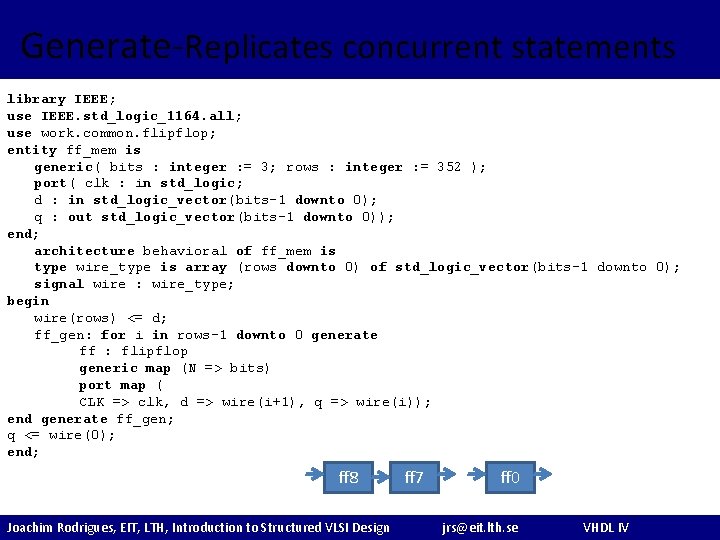 Generate-Replicates concurrent statements library IEEE; use IEEE. std_logic_1164. all; use work. common. flipflop; entity