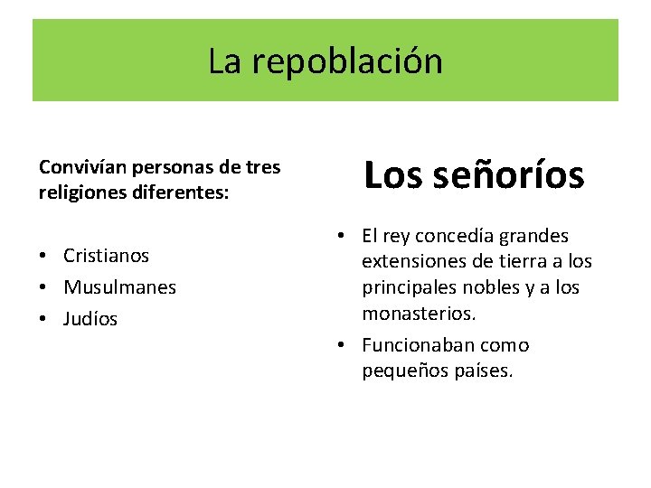 La repoblación Convivían personas de tres religiones diferentes: • Cristianos • Musulmanes • Judíos