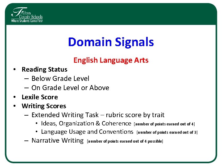 Domain Signals English Language Arts • Reading Status – Below Grade Level – On Domain Signals English Language Arts • Reading Status – Below Grade Level – On