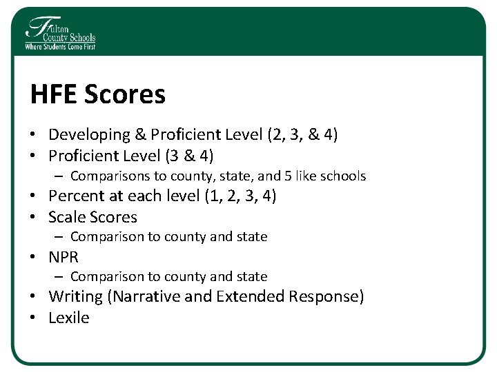 HFE Scores • Developing & Proficient Level (2, 3, & 4) • Proficient Level HFE Scores • Developing & Proficient Level (2, 3, & 4) • Proficient Level