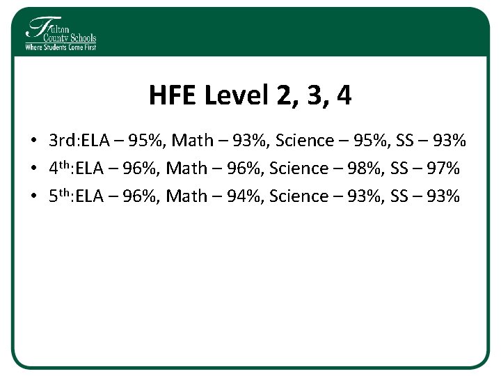 HFE Level 2, 3, 4 • 3 rd: ELA – 95%, Math – 93%, HFE Level 2, 3, 4 • 3 rd: ELA – 95%, Math – 93%,