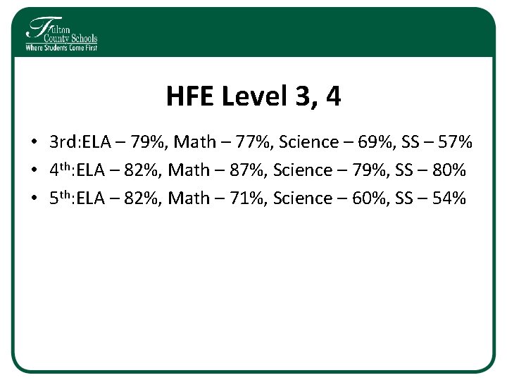 HFE Level 3, 4 • 3 rd: ELA – 79%, Math – 77%, Science HFE Level 3, 4 • 3 rd: ELA – 79%, Math – 77%, Science