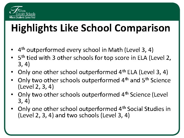 Highlights Like School Comparison • 4 th outperformed every school in Math (Level 3, Highlights Like School Comparison • 4 th outperformed every school in Math (Level 3,
