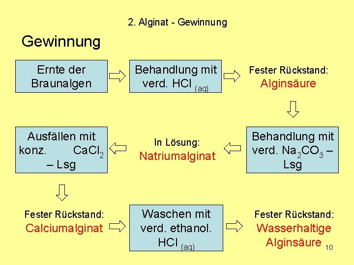 2. Alginat - Gewinnung Ernte der Braunalgen Ausfällen mit konz. Ca. Cl 2 –
