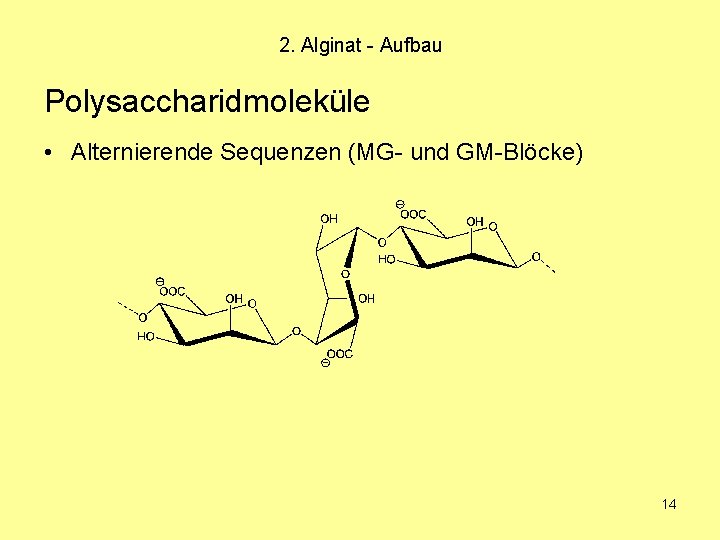 2. Alginat - Aufbau Polysaccharidmoleküle • Alternierende Sequenzen (MG- und GM-Blöcke) 14 