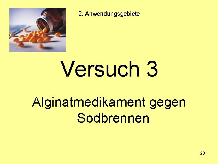 2. Anwendungsgebiete Versuch 3 Alginatmedikament gegen Sodbrennen 28 