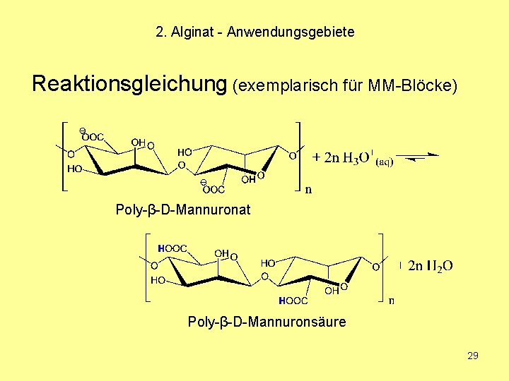 2. Alginat - Anwendungsgebiete Reaktionsgleichung (exemplarisch für MM-Blöcke) Poly-β-D-Mannuronat Poly-β-D-Mannuronsäure 29 