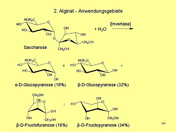 2. Alginat - Anwendungsgebiete [Invertase] Saccharose α-D-Glucopyranose (18%) β-D-Fructofuranose (16%) β-D-Glucopyranose (32%) β-D-Fructopyranose (34%)