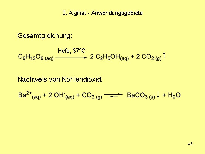 2. Alginat - Anwendungsgebiete Gesamtgleichung: Hefe, 37°C ↑ Nachweis von Kohlendioxid: ↓ 46 