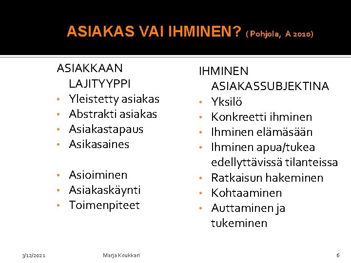 ASIAKAS VAI IHMINEN? ( Pohjola, A 2010) ASIAKKAAN LAJITYYPPI • Yleistetty asiakas • Abstrakti