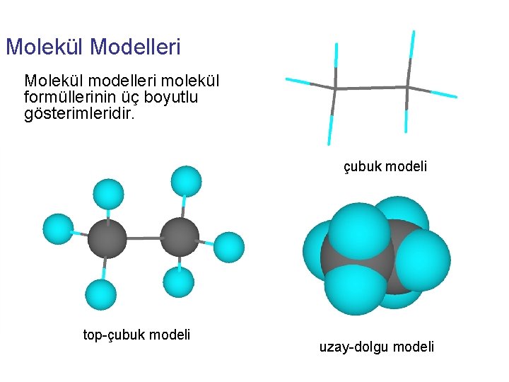 Molekül Modelleri Molekül modelleri molekül formüllerinin üç boyutlu gösterimleridir. çubuk modeli top-çubuk modeli uzay-dolgu