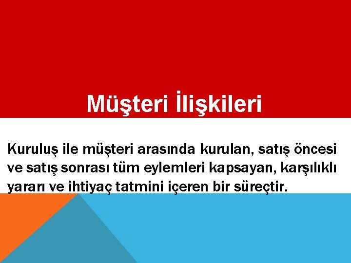 Müşteri İlişkileri Kuruluş ile müşteri arasında kurulan, satış öncesi ve satış sonrası tüm eylemleri