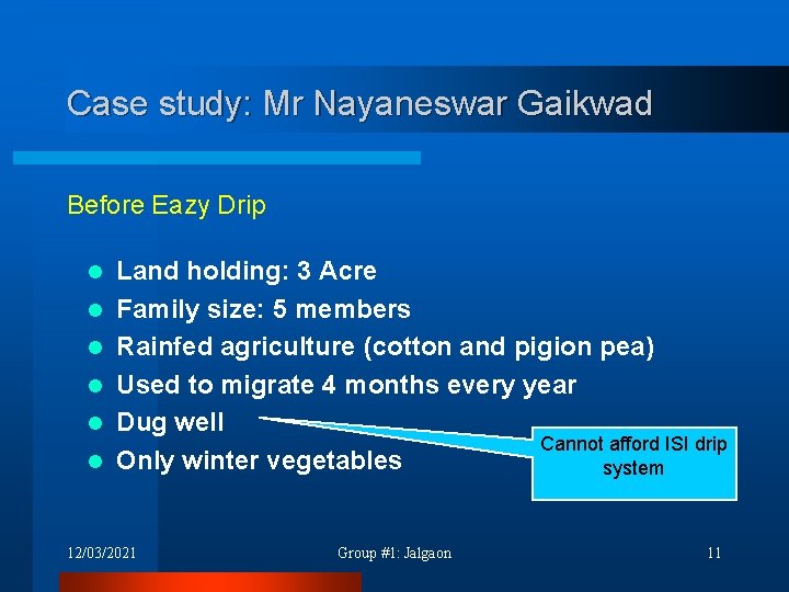 Case study: Mr Nayaneswar Gaikwad Before Eazy Drip l l l Land holding: 3