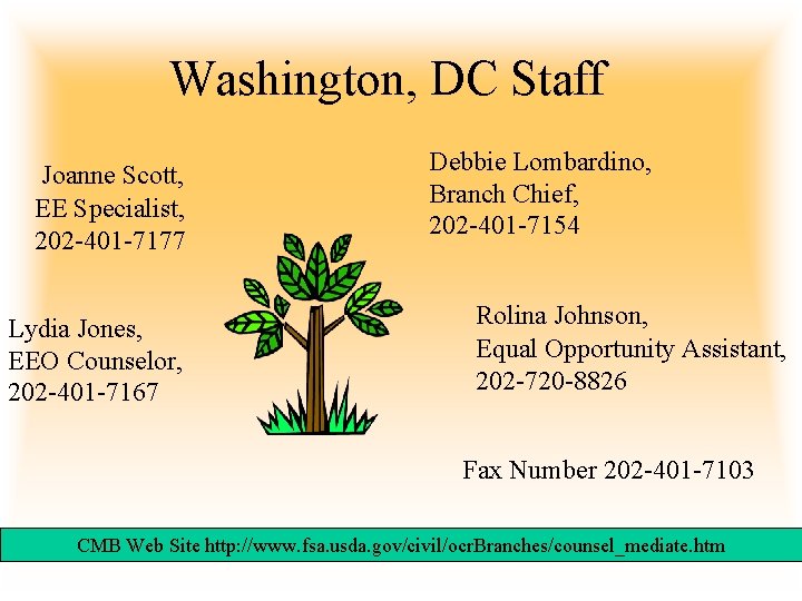 Washington, DC Staff Joanne Scott, EE Specialist, 202 -401 -7177 Lydia Jones, EEO Counselor,