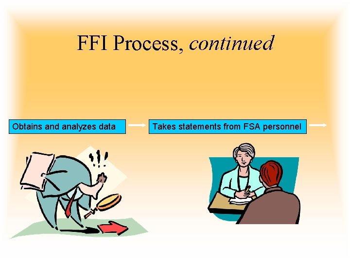 FFI Process, continued Obtains and analyzes data Takes statements from FSA personnel 