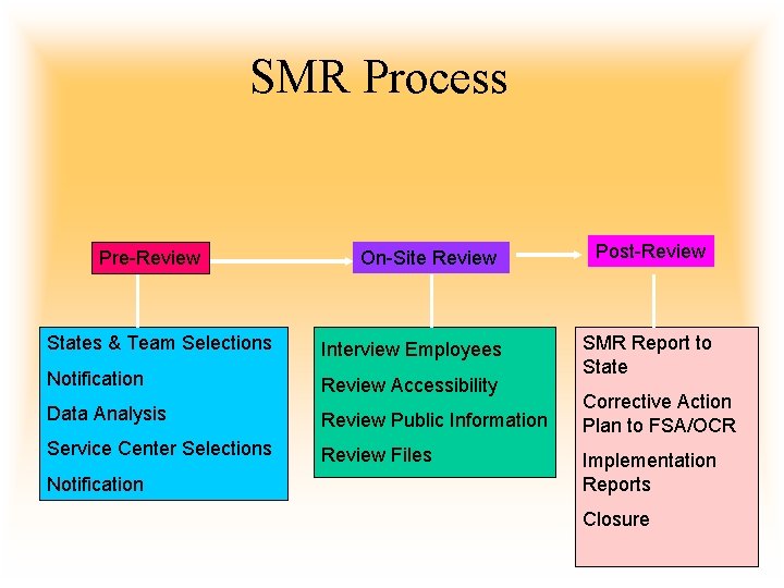 SMR Process Pre-Review On-Site Review States & Team Selections Interview Employees Notification Review Accessibility