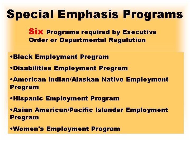 Special Emphasis Programs Six Programs required by Executive Order or Departmental Regulation • Black