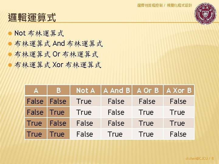 選擇性流程控制 / 視覺化程式設計 邏輯運算式 Not 布林運算式 l 布林運算式 And 布林運算式 l 布林運算式 Or 布林運算式