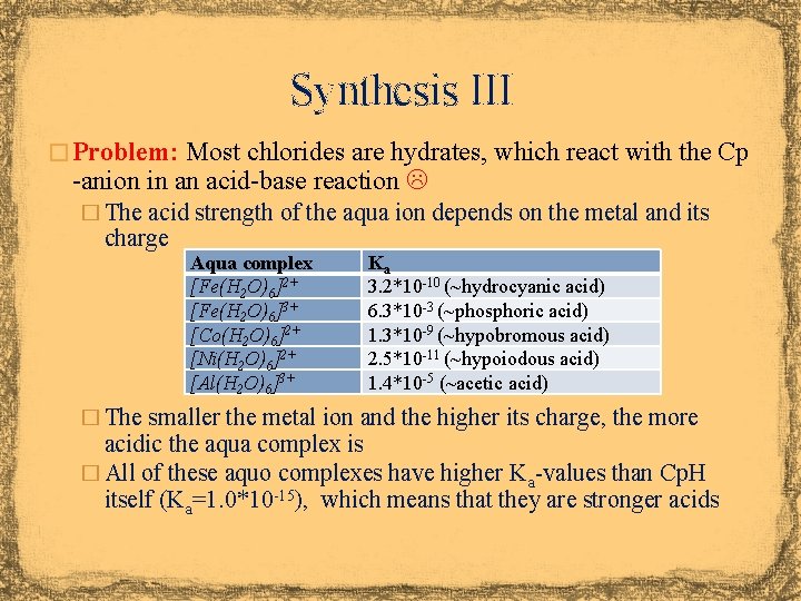 Synthesis III � Problem: Most chlorides are hydrates, which react with the Cp -anion