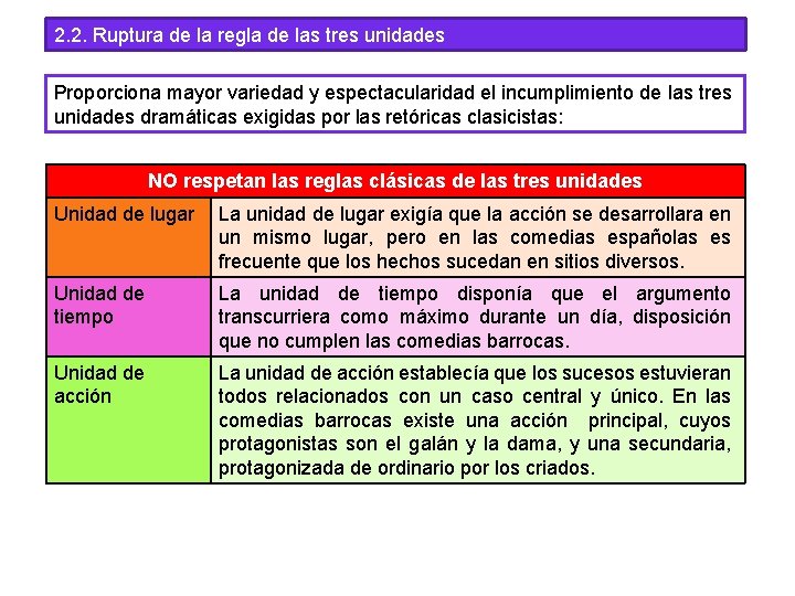 2. 2. Ruptura de la regla de las tres unidades Proporciona mayor variedad y