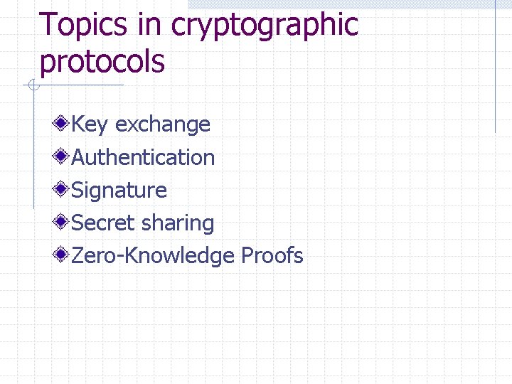 Topics in cryptographic protocols Key exchange Authentication Signature Secret sharing Zero-Knowledge Proofs 