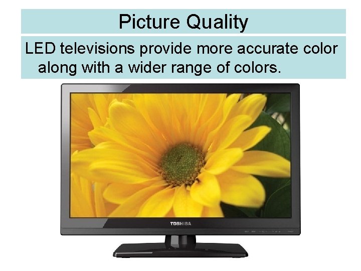 Picture Quality LED televisions provide more accurate color along with a wider range of