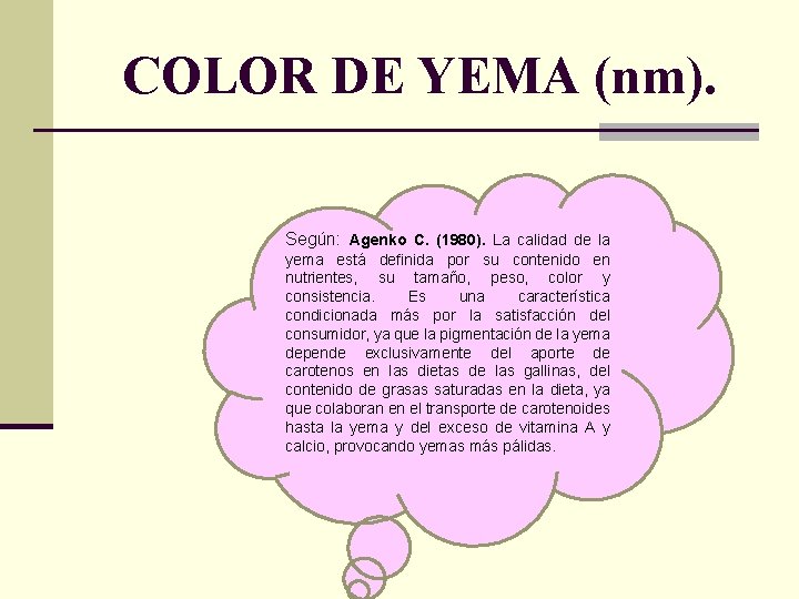 COLOR DE YEMA (nm). Según: Agenko C. (1980). La calidad de la yema está