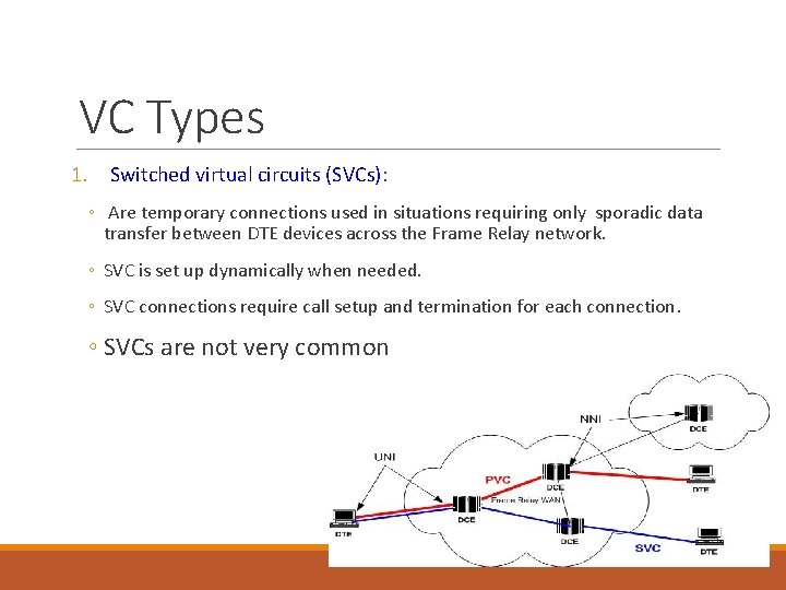 VC Types 1. Switched virtual circuits (SVCs): ◦ Are temporary connections used in situations