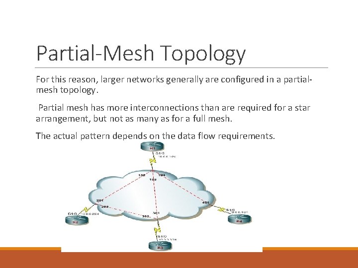Partial-Mesh Topology For this reason, larger networks generally are configured in a partialmesh topology.