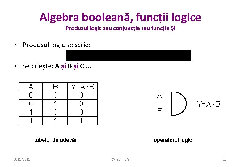 Algebra booleană, funcții logice Produsul logic sau conjuncția sau funcția ȘI • Produsul logic Algebra booleană, funcții logice Produsul logic sau conjuncția sau funcția ȘI • Produsul logic