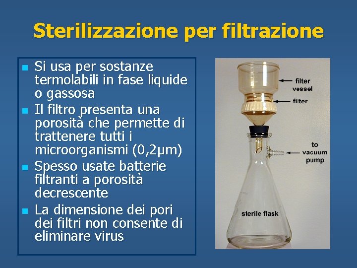 Sterilizzazione per filtrazione n n Si usa per sostanze termolabili in fase liquide o